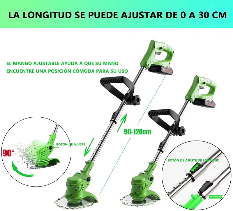 Desbrozadora Batería, Desbrozadora Electrica con Cuchilla, Cortabordes Bateria con 2 Baterías de Iitio de 21V, Longitud Ajustable, Adecuado para Céspedes Y Jardines Pequeños Y Medianos, Cortadora