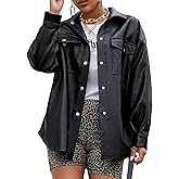 FYEARFOX Women's Faux Leather Turn Down Collar Button Down PU Jacket Long Sleeve Shirt Oversized Shacket Coat