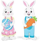 COCHIE Wooden Easter Bunny Decorations Indoor, Cute Rabbit Blocks Tiered Tray Decor with Carrot and Easter Eggs Signs for Hom