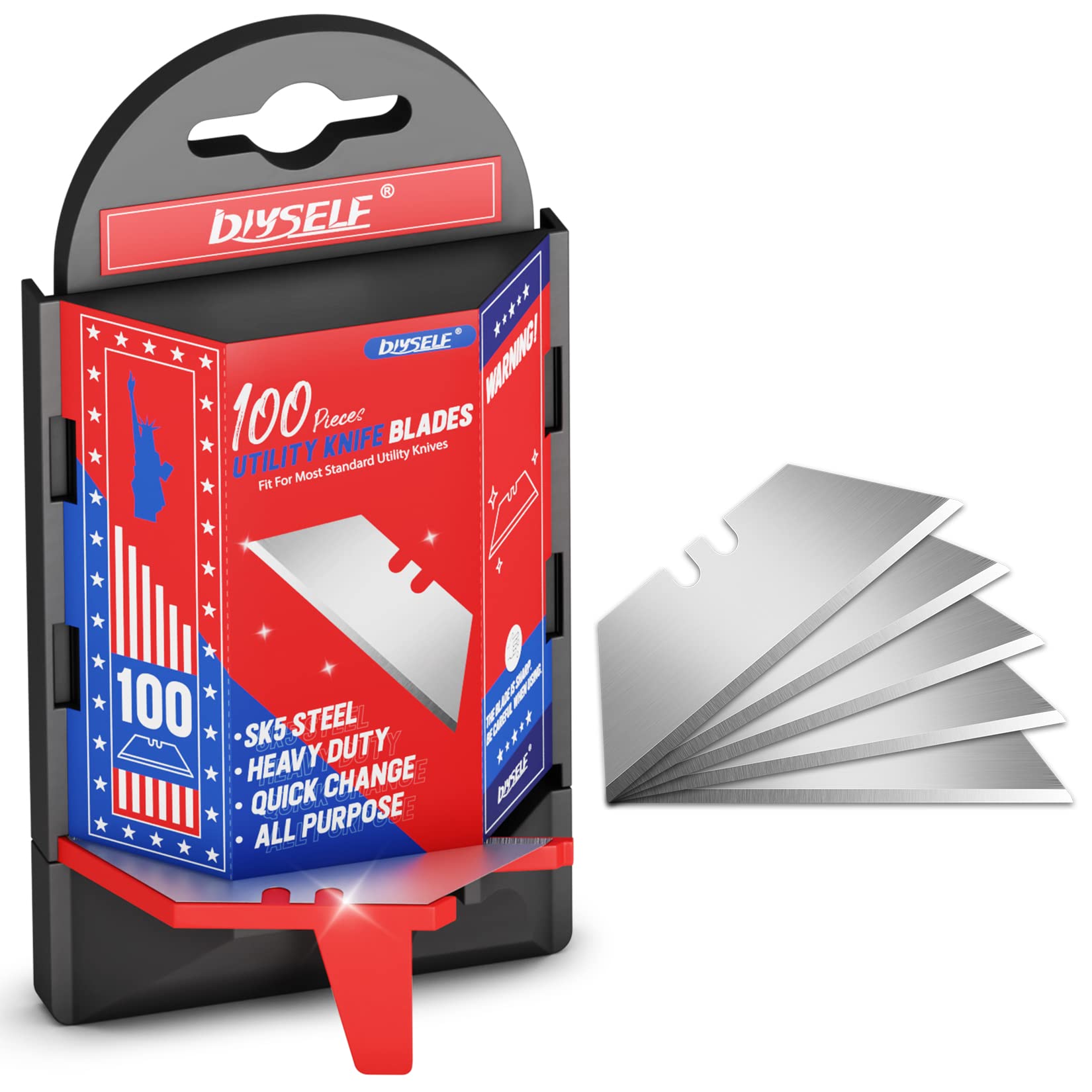 Photo 1 of DIYSELF Utility Knife Blades 100 Pack, Box Cutter Blades Refills with Dispenser, Razor Blades Utility Knife Replacement Blade for Box Cutter, Razor Knife Blade