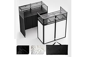 Portable DJ Booth Table,Foldable DJ Table Stand with White & Black Scrim,Adjustable DJ Facade Booth Station Metal Frame with 