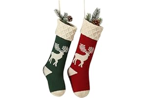 Guojanfon Christmas Stockings,Big Size 2Pack 18-Inch Extra Long Hand-Knitted Red/Green Reindeer Snowflakes Xmas Character for Family Holiday Season Decor