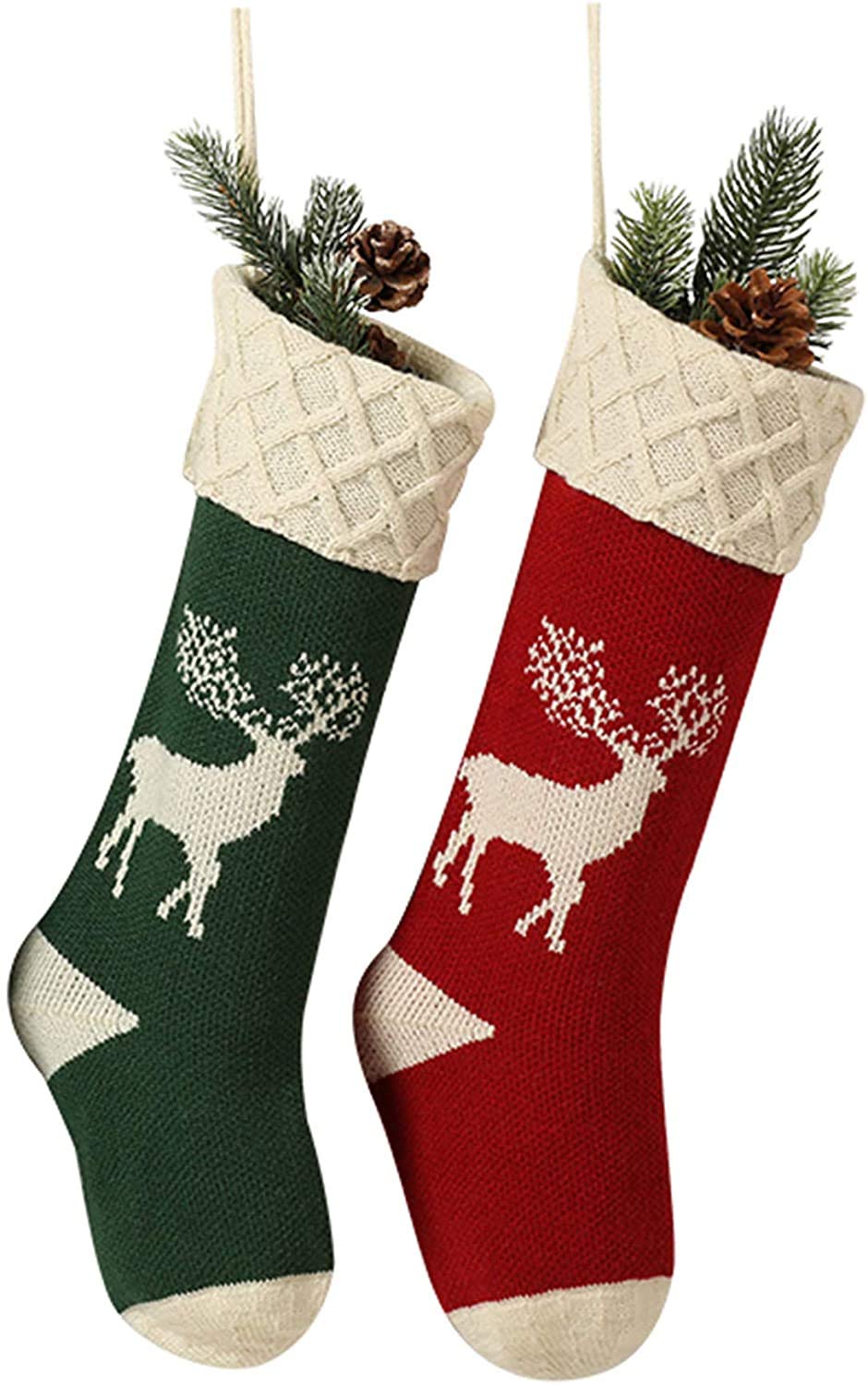 Photo 1 of Guojanfon Christmas Stockings,Big Size 2Pack 18-Inch Extra Long Hand-Knitted Red/Green Reindeer Snowflakes Xmas Character for Family Holiday Season Decor