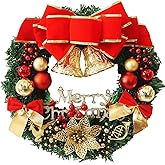 H&W Small Christmas Wreath (11.8 Inch / 30 cm) for Front Door Wall Windows Artificial Poinsettia Xmas Decoration with Tinkle Bell Bowknot and Small Ornaments (MC7-D1)