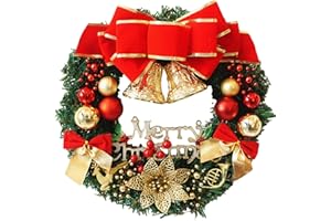 H&W Small Christmas Wreath (11.8 Inch / 30 cm) for Front Door Wall Windows Artificial Poinsettia Xmas Decoration with Tinkle Bell Bowknot and Small Ornaments (MC7-D1)