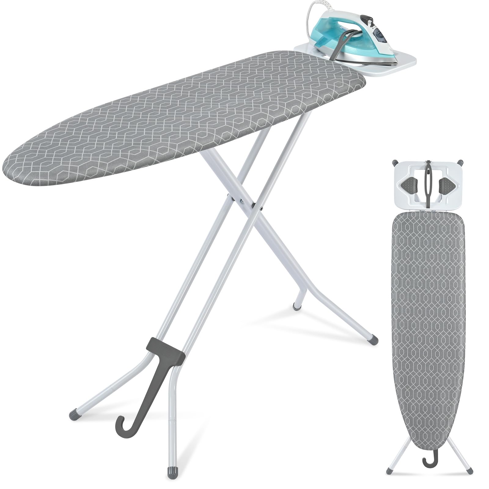 APEXCHASER Ironing Board, Portable Iron Board with Iron Rest, Heat & Scorch Resistant Fabric, Detachable Hook and Rubber Feet,7 Adjustable Heights, Heavy Duty Ironing Board for Home or Dorm Use,Grey