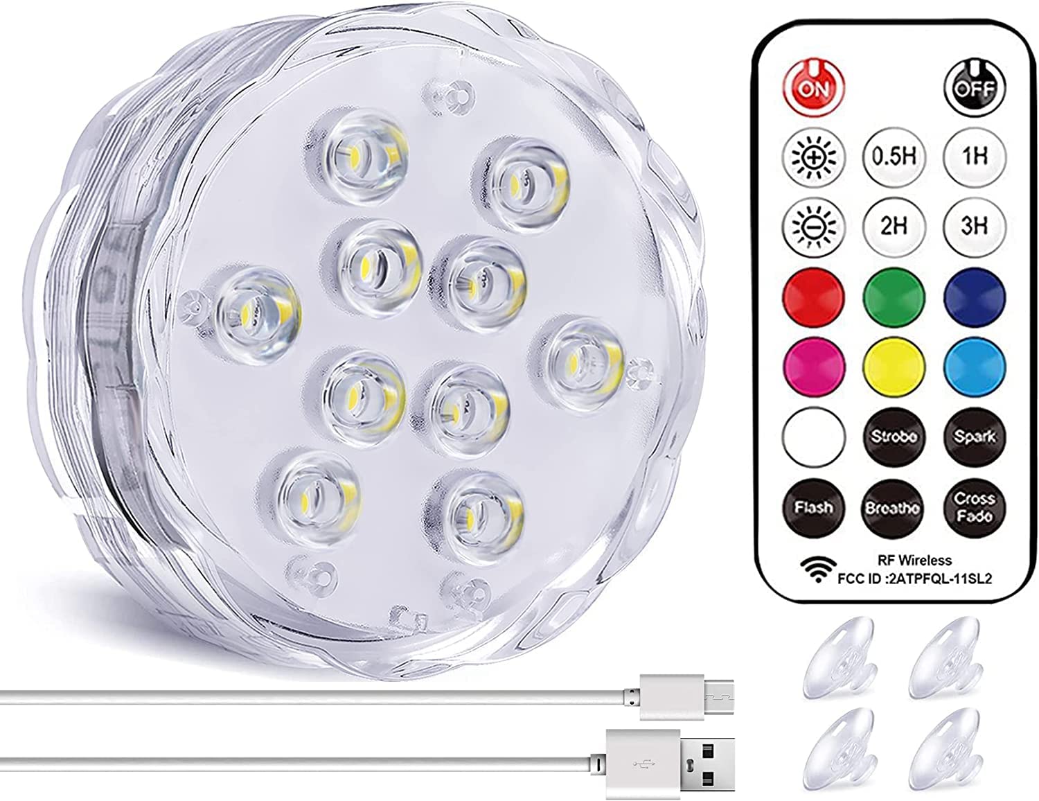 Qoolife Rechargeable Hot Tub Lights 3.3" USB Magnetic Pond Lights RF-Remote Control RGBW Colorful IP68 Waterproof Underwater Light for Bath Spa Aquarium Vase Christmas Decoration