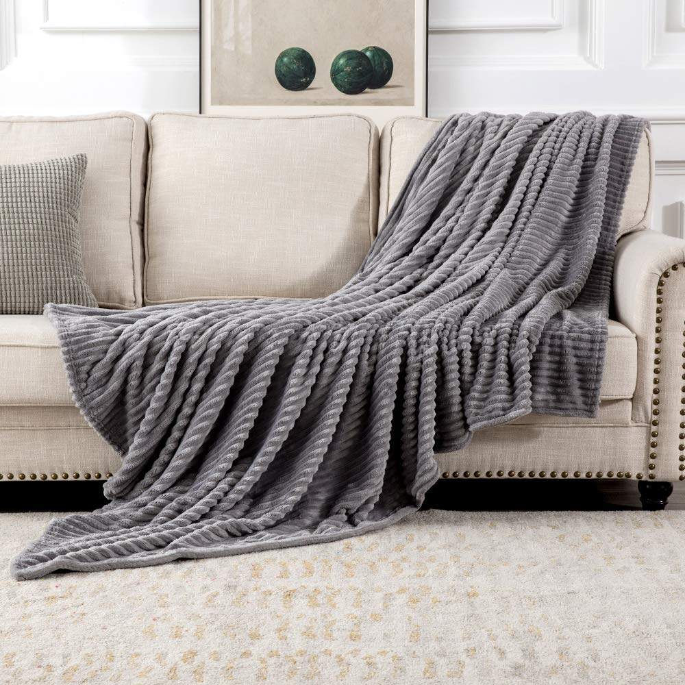 MIULEE Flannel Fleece Throw Blankets Soft Warm Comfortable Throws for Sofa Corduroy Fluffy Blanket Bed Throw for Bedroom Couch Travel Kids Bedroom Accessories 65x82Inch Grey