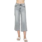 Judy Blue Women's Mid Rise Tummy Control Raw Hem Crop Wide Jeans