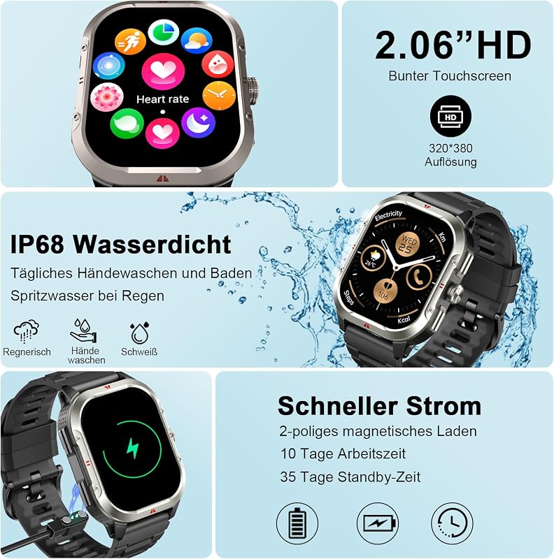 Smartwatch Herren mit GPS,2.06" HD Smart Watch mit Telefonfunktion