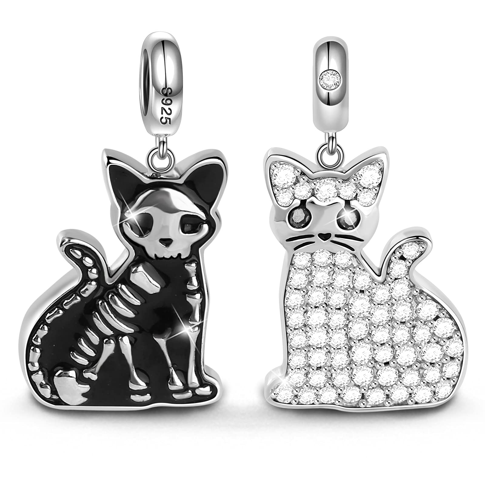 GNOCE Double Sided Cat Bracelet Charms Pendant Sterling Silver "Schrodinger's Cat" Skeleton Bones Bead Charms with Cubic Zirconia fit Bracelet/Necklace Jewelry Gift for Women Mens