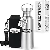Tactiko Survival 25 oz/750 ml Stainless Steel Wide Mouth Water Bottle, Single Wall Boil-Safe, Leakproof, BPA-Free with Carry Sleeve and Strap for Camping, Hiking, Outdoor Prep (Black)