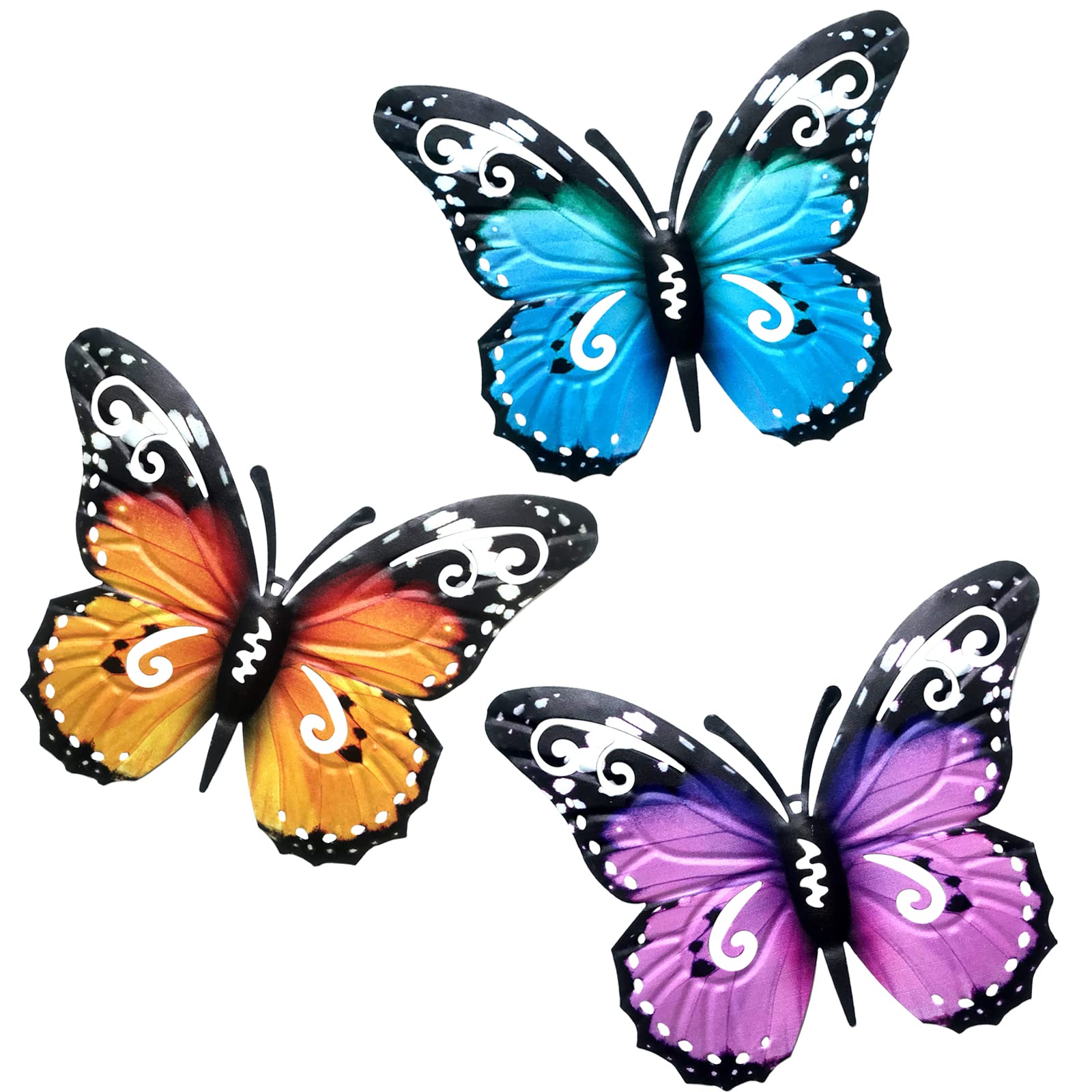 VEGCOO 3PCS Large Metal Butterfly Garden Decorations - Fence Outdoor Ornaments Wall Art for Sheds (Blue + Purple + Yellow)