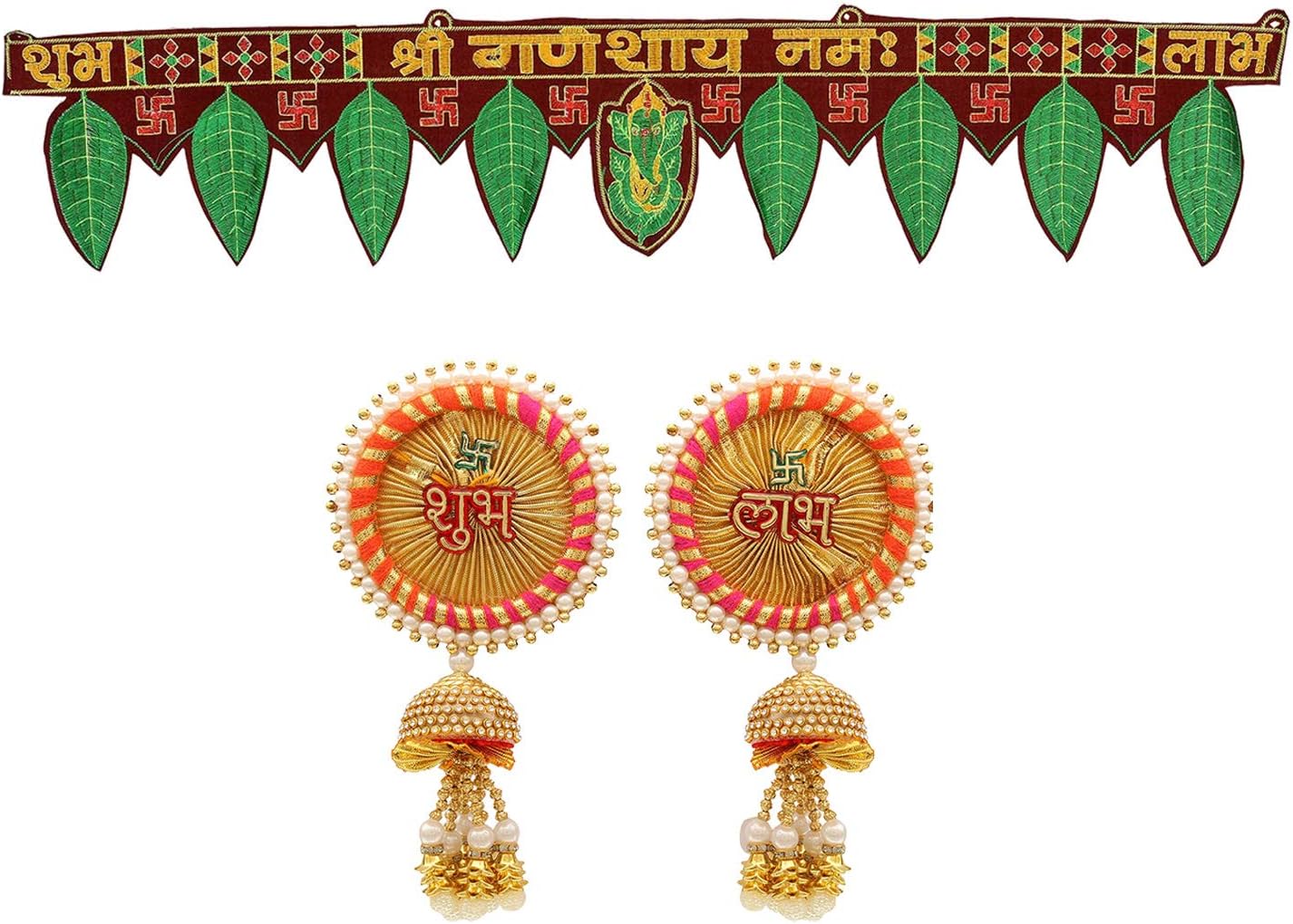 Saugat Traders Fabric Toran for Door Decoration with Shubh Labh Hanging Pair- Multicolour, 3 Feet