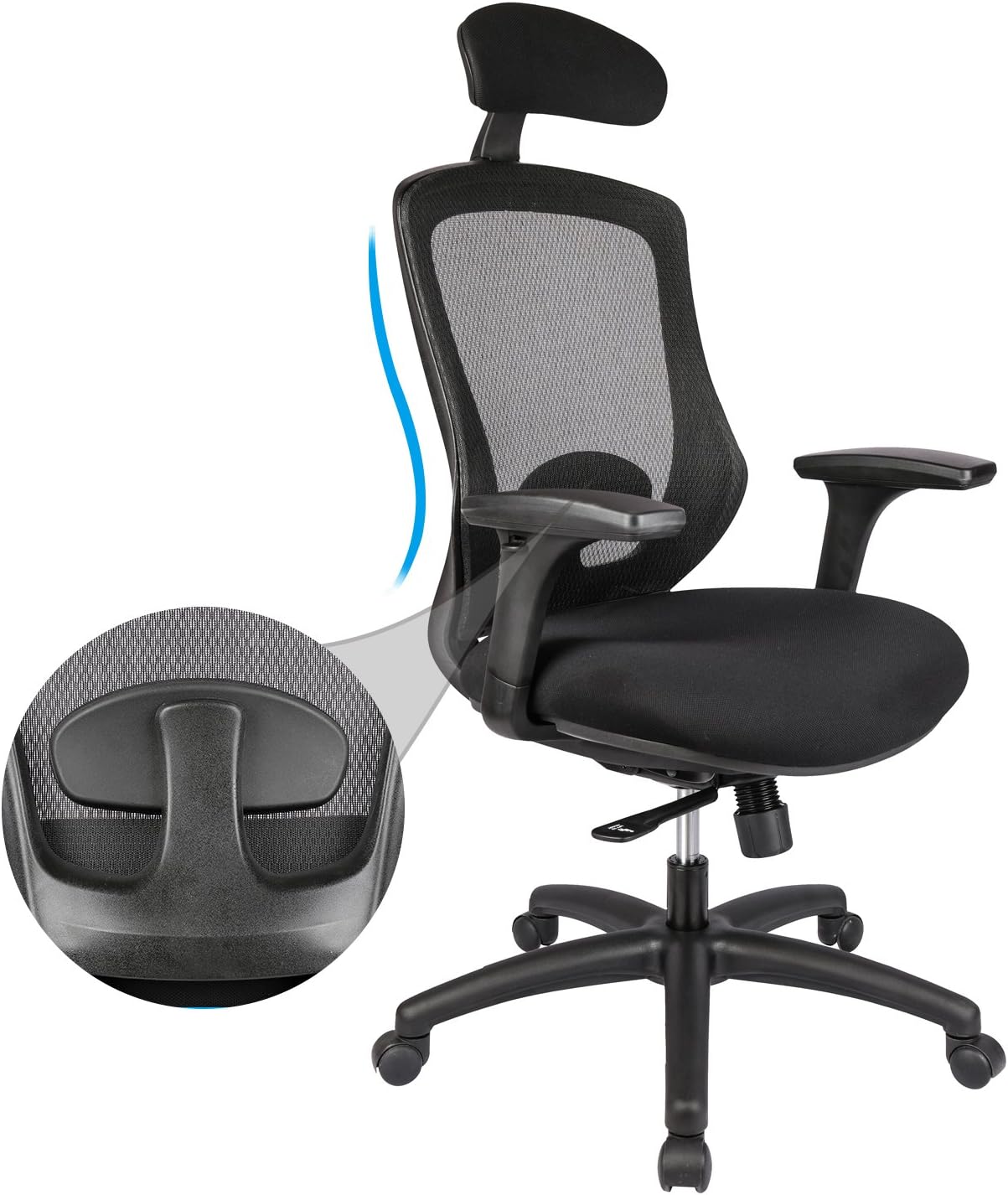 LONGEM Ergonomic Office Chair with Adjustable Back Support,High-Back Chair Executive Chair with Adjustable Arms,Mesh Computer Chair with Head Support,Black,1 Year Warranty