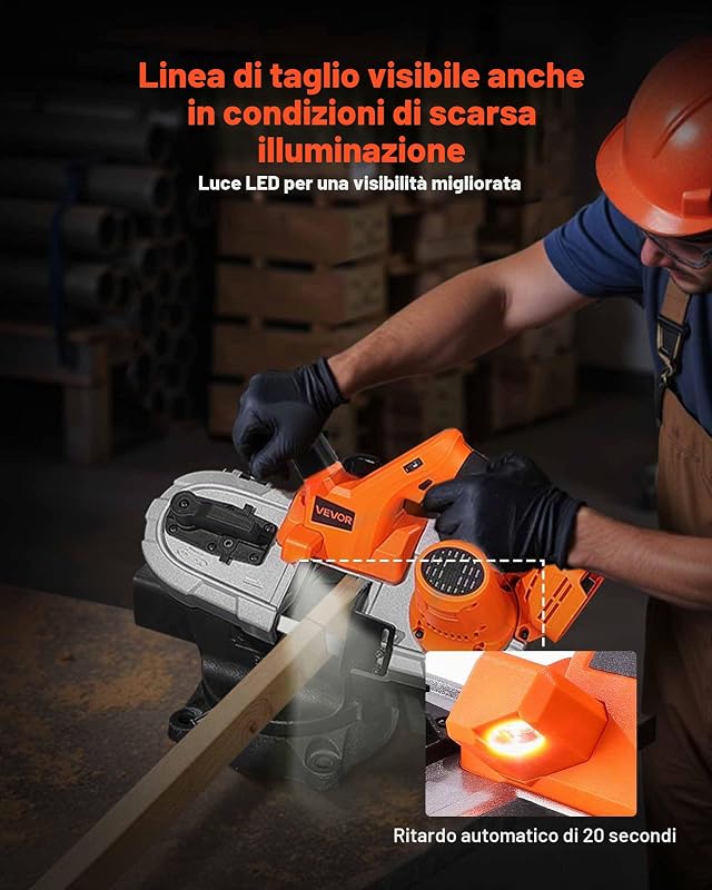 Sega a Nastro Portatile da 20 V, Taglio Profondo da 65 mm, 360 W con Motore Brushless, Portatile e Compatta Senza Fili, Ganci per Appendere, Velocità Variabile, Solo Utensile Nudo