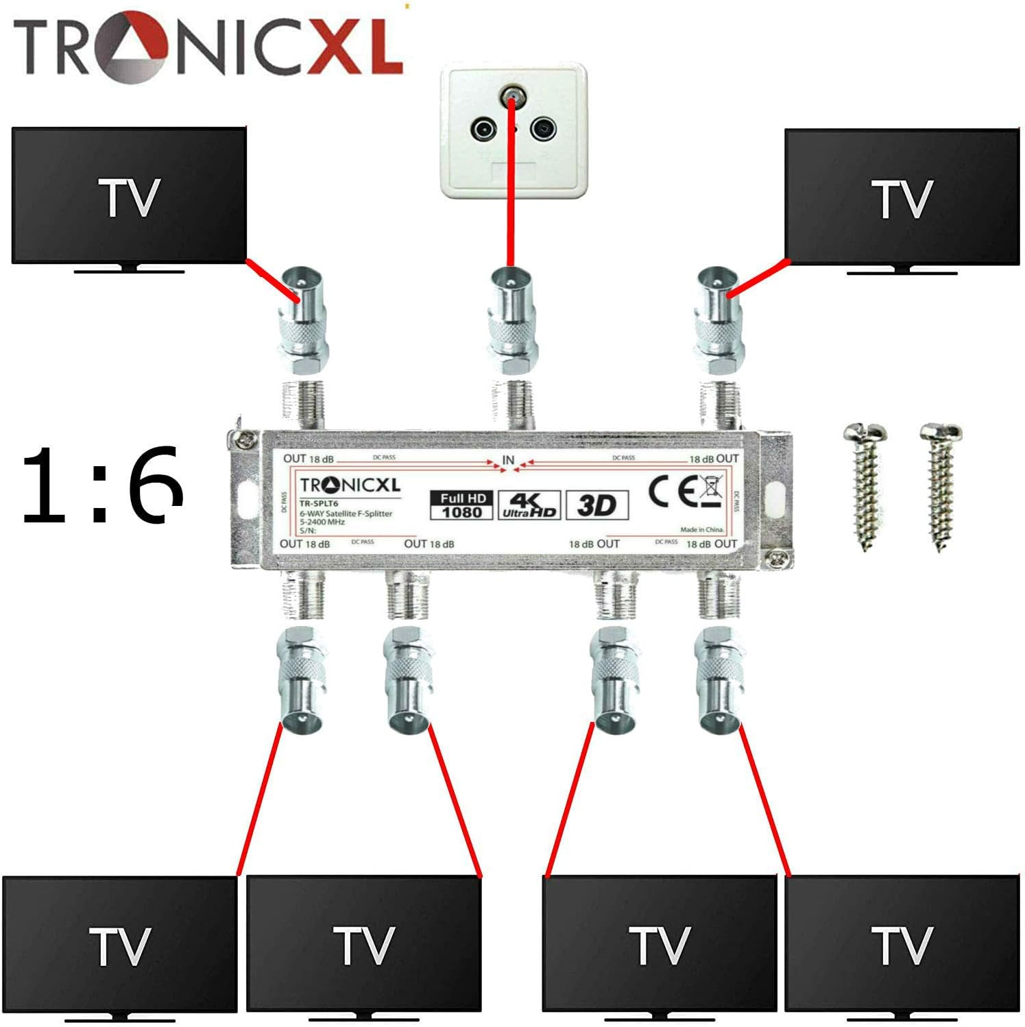TronicXL 6 Way Broadband 3D 4K HD SAT Splitter Distributor Cable Adaptor For Virgin Media Aerial Freeview Freesat Sky Telewest Eurovox Starview Dreambox Satellites coax coaxial Box Television TV CATV - Image 5