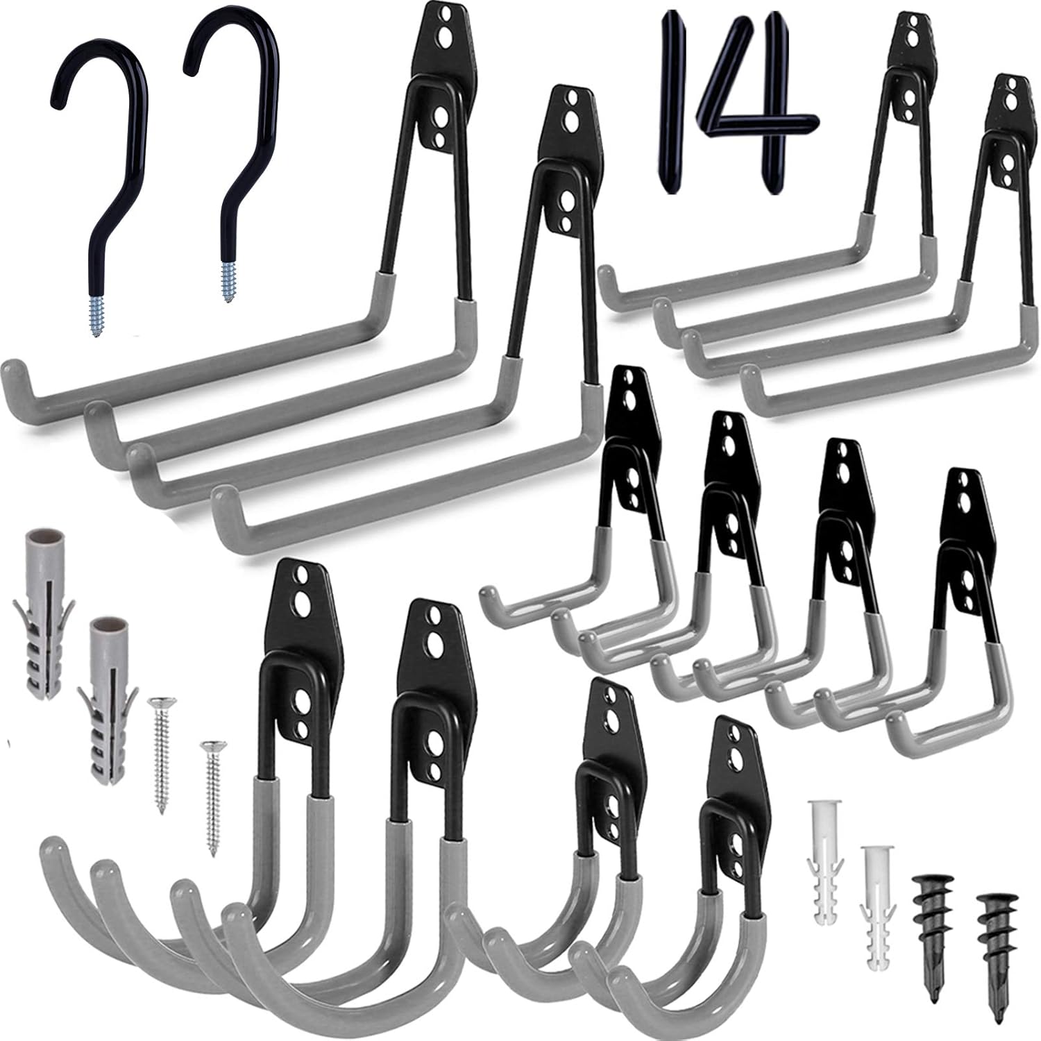 Garage Hooks, 14 Pack Wall Mount Utility Hooks Heavy Duty Steel Garage Storage Hooks Double Hangers with Bike Hooks for Organizing Ladders, Bicycle, Ropes, Power Tools, Garden Tools, Bulk Items - - 