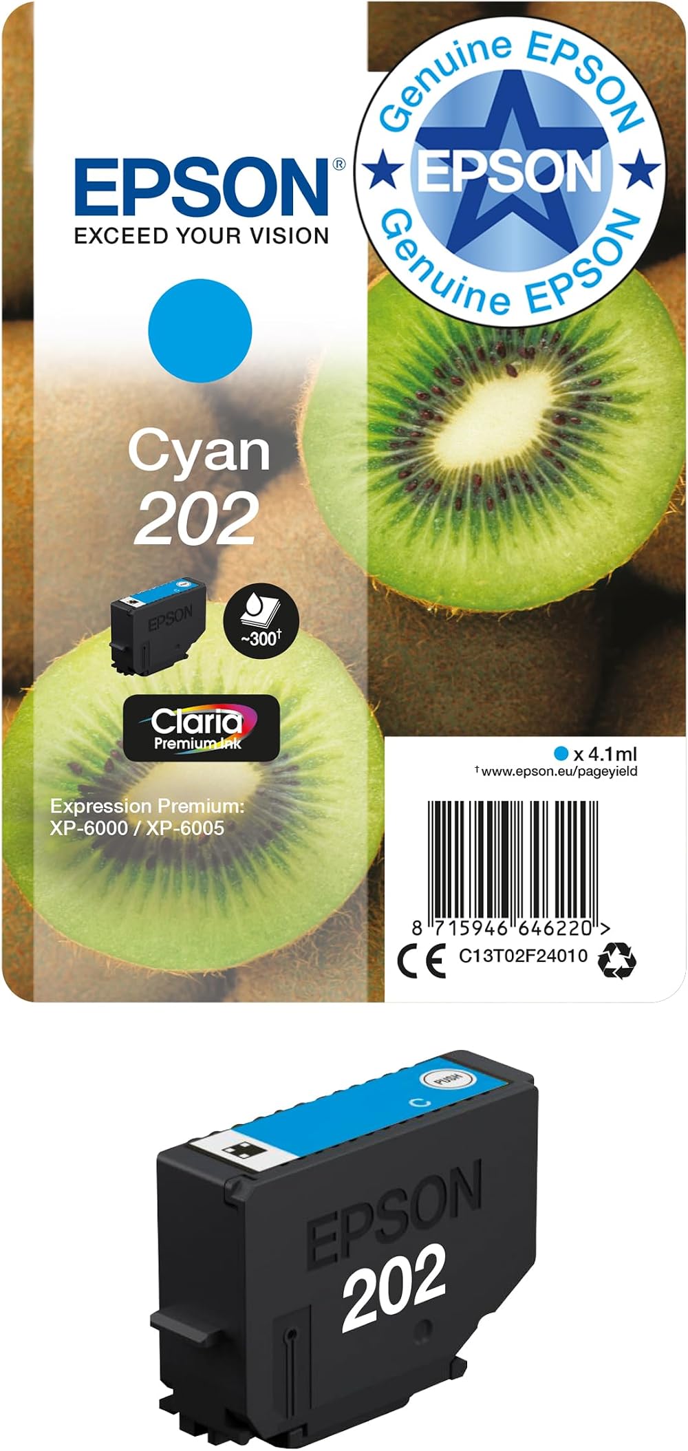 Epson 202 Cyan Kiwi Genuine Claria Premium Ink Cartridge Standard Capacity