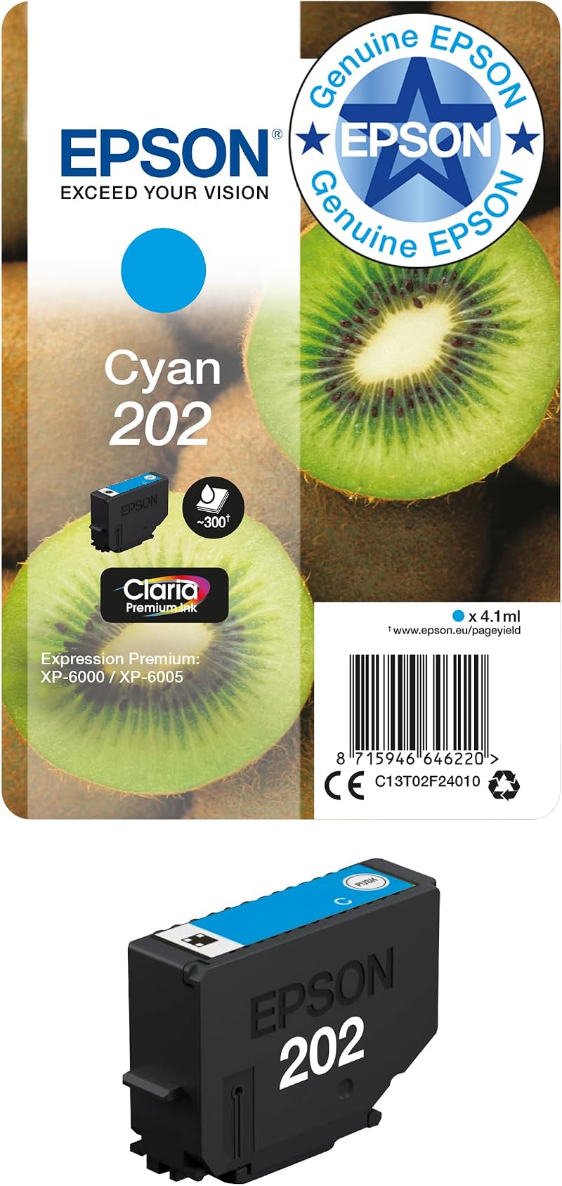 Epson 202 Cyan Kiwi Genuine Claria Premium Ink Cartridge Standard Capacity
