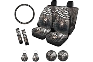 Xoenoiee Deer Flag Tree Camo Print 11 Pcs Car Accessories Full Set, Steering Wheel Cover, Front & Rear Seat Cover, Seat Belt Pads, Cup Coaster, Key Chains Universal Fit