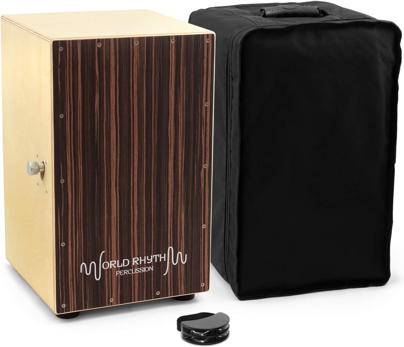 World Rhythm Black Sandalwood Cajon Drum with Adjustable Snare & Foot Tambourine, Dark Brown