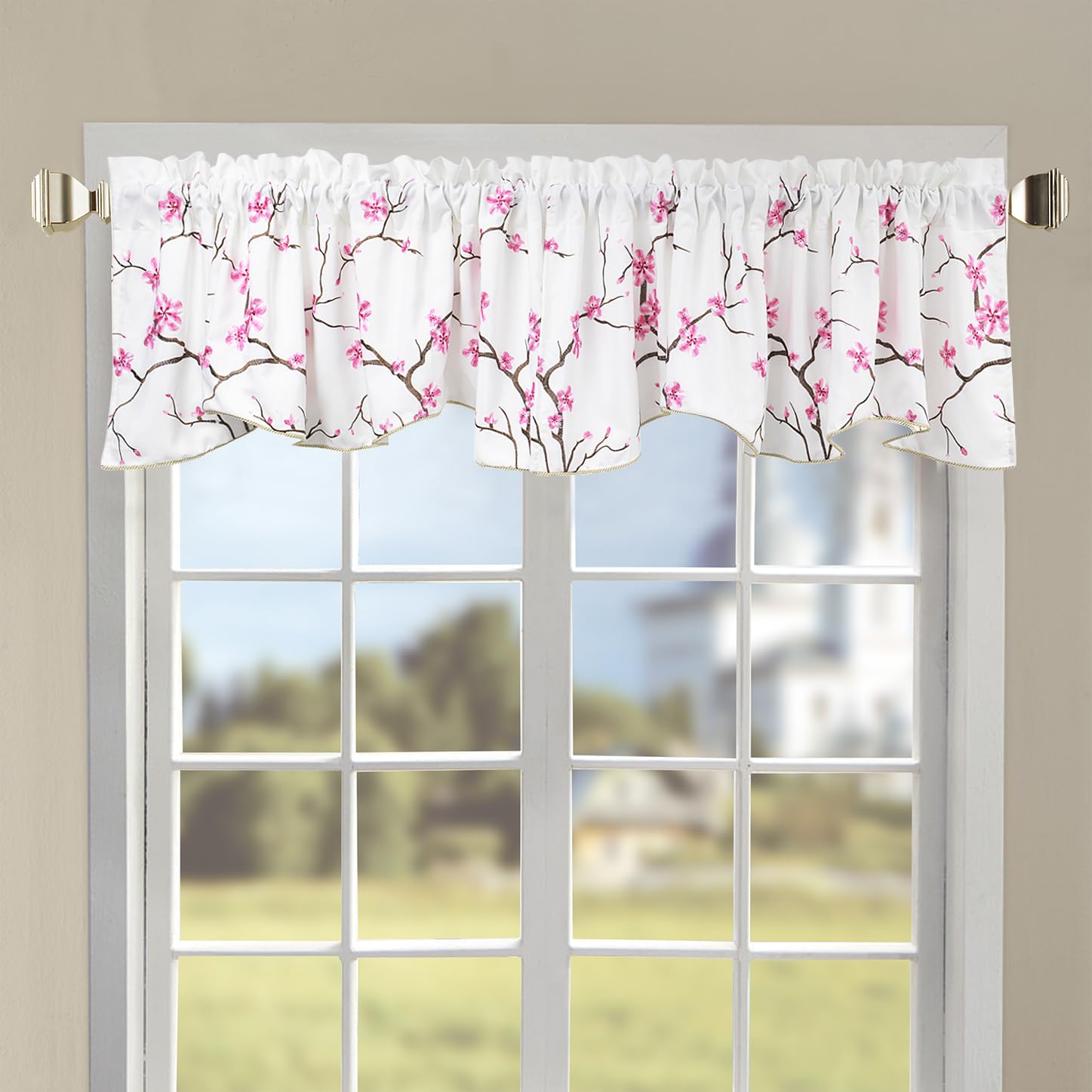 Home Soft Things 1 Piece Cherry Blossom Embroidery Valance Pink, 60" x 19", Scalloped Flower Floral Window Curtain Valance Thick Drapes for Bedroom Decor with Rod Pocket.