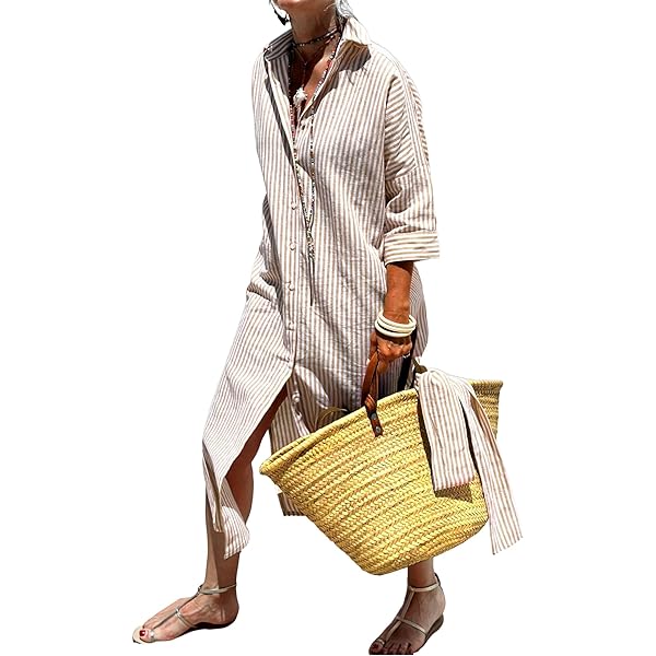 3/4 Sleeve Button Dress Aviationp Striped Shirt Dress With Lapel & Tie -  3/4 Sleeve Button Down Belted Style
