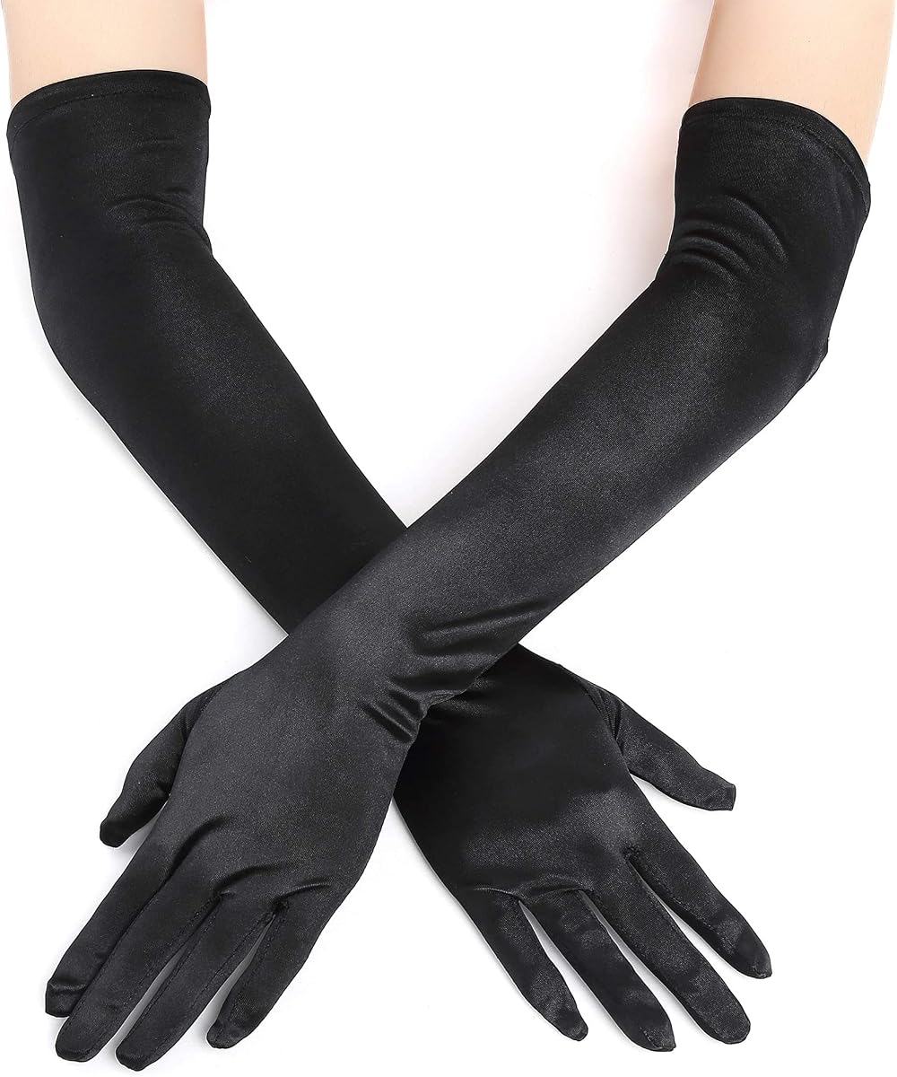 IRYNA 1Pair Long Black Satin Gloves Elbow Length Wedding Party Opera