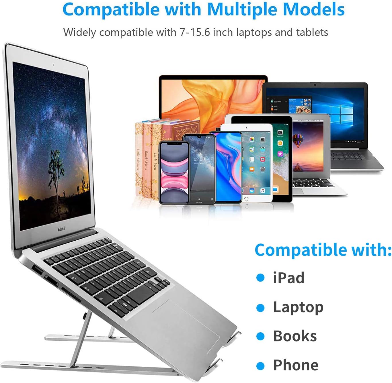 Laptop Stand, Laptop Holder Riser Computer Stand, Adjustable Aluminum Foldable Portable Notebook Stand, Compatible with MacBook Air Pro, HP, Lenovo, Dell, More 10-15.6” Laptops and Tablets (Silver): Office Products