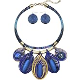 JHWZAIY Chunky African Jewelry Statement Necklace For Women Tribal Fashion Costume Earring Set Unique Rhinestone Crystal Gold Wire Wrapped Big Wood Pendent Collar Choker Bib Handmade