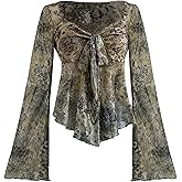 Milumia Women's Sweetheart Neck Long Bell Sleeve Shirt Top Tie Front Ruffle Hem Babydoll Tops