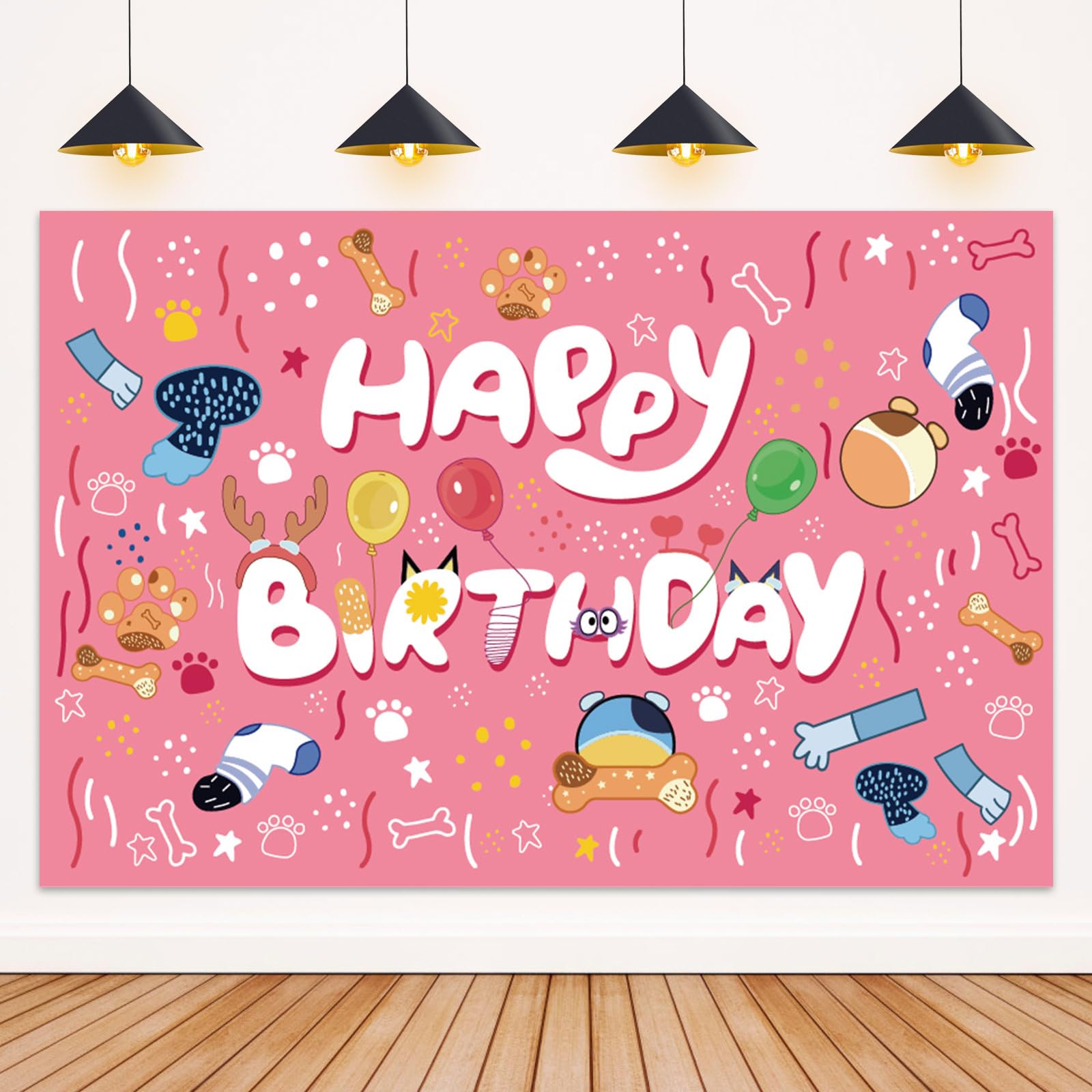 Photo 1 of 5x3ft Pink Dog Birthday Backdrop, Cute Cartoon Birthday Banner Background Boys Girls Photography Vinyl Photo Pink Dog Background Decoration