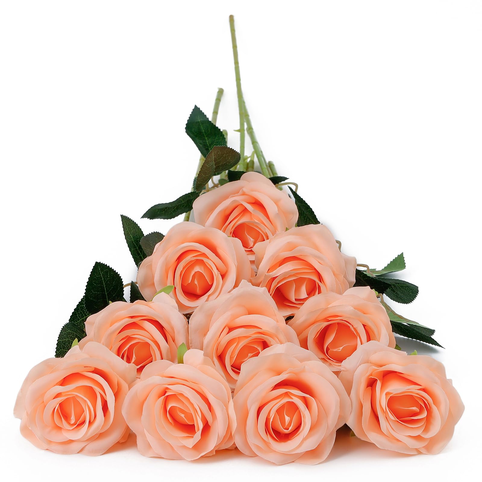 DuHouse 10Pcs Artificial Roses Fake Silk Flowers Realistic Bridal Bouquets with Single Long Plastic Stems for Arrangement Wedding Table Centerpiece Party Home Decor(Peach Fuzz)