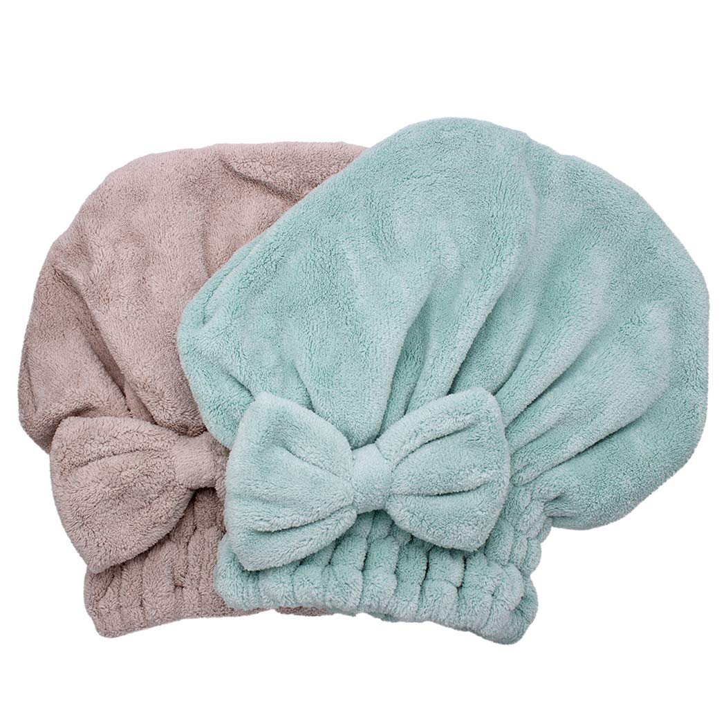 Dianoo 2PC Microfiber Hair Drying Cap, Quick Drying Hair Turban, Soft Shower Cap for Long and Thick Hair Women Girls (Green and Coffee)