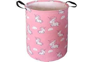 Large Unicorn Laundry Basket 63L, ZUEXT 19.7x15.7 Inch Baby Toys Storage Bin with Pink Unicorn Design,Canvas Laundry Hamper, Waterproof Collapsible Clothes Baskets