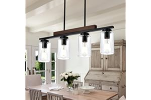 TODOLUZ 4-Lights Farmhouse Pendant Lights Fixtures Ceiling Hanging, Modern Black Kitchen Island Lighting with Clear Glass Lampshades & Wood Frame