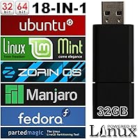 32GB MultiBoot 18 IN 1 USB Drive - Includes Ubuntu, Linux Mint Cinnamon KDE Mate Xfce, Zorin OS Core, Manjaro, Fedora…