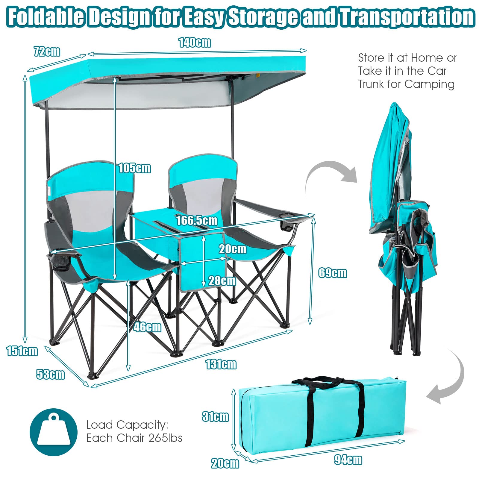 Safstar Double Camping Chair with Canopy Shade, Folding Loveseat