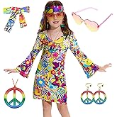 MRYUWB 70s Hippie Dress for Girls, 1970s Outfits Peace Sign Necklace Headband, 60s Themed Party Costumes for Kids 5-14 Years