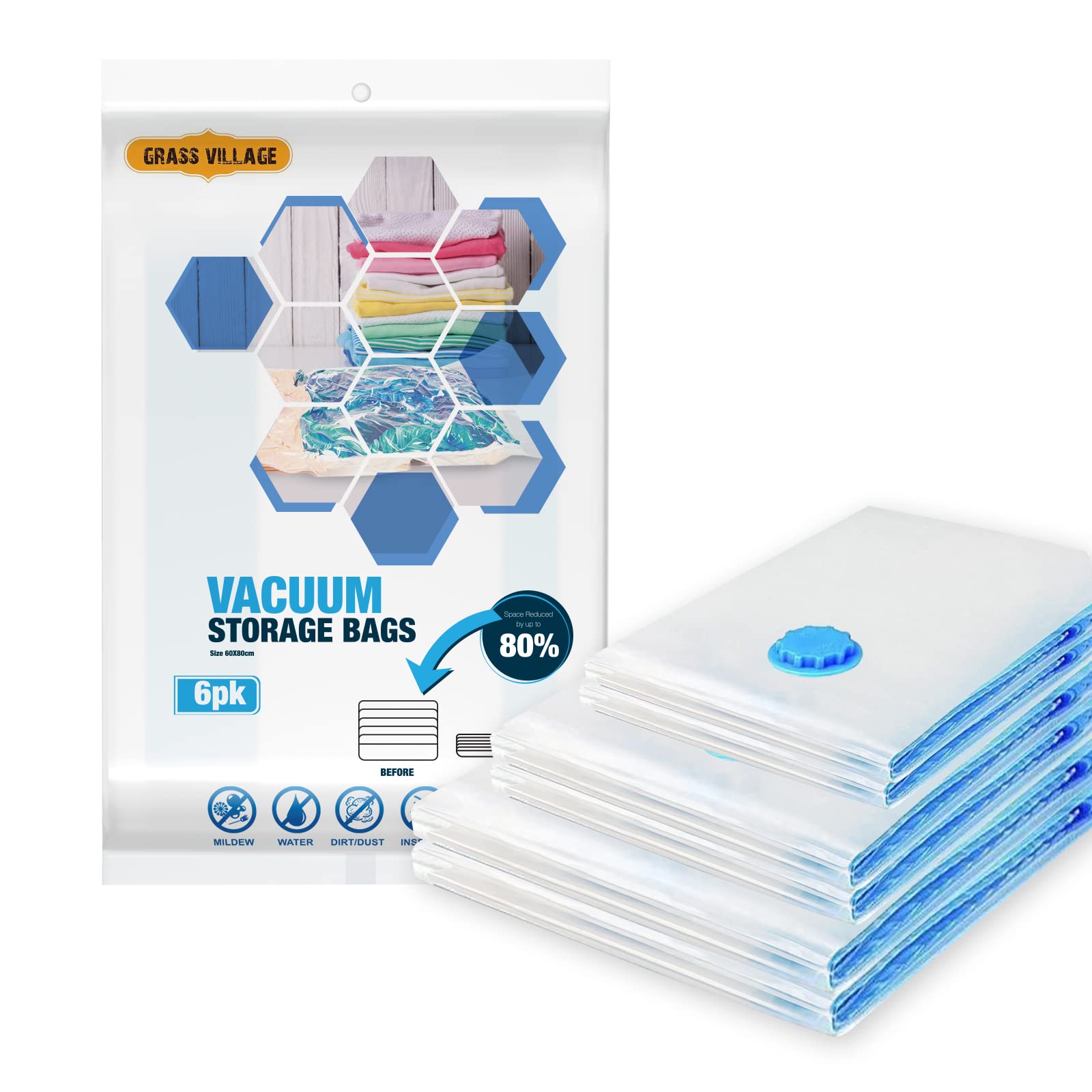 GrassVillage Vacuum Storage 6 Bags | Save 80% More Space | Vacuum Compression Reusable Storage Bags for Duvets, Beddings, Pillows, Curtains & Towels | Comes with Secure Double Zip + Valve (Large Size)