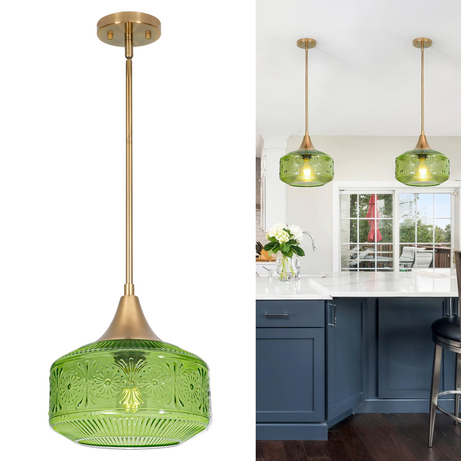 Photo 1 of Retro Gold Pendant Light Fixtures Kitchen Island Lighting, Brass Pendant Light with Large Thickened Green Glass Globe Shade, Adjustable Hanging Light for Dining Room Bathroom Entryway, Rotation Angle