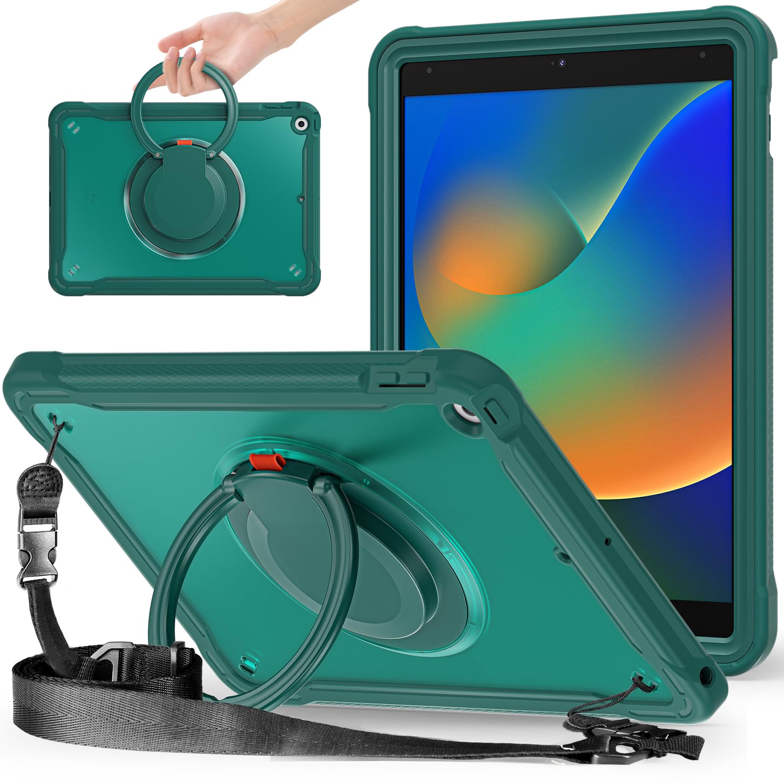 iPad 9th/8th/7th Generation Clear Case, iPad 10.2 inch Case,360 Rotating Stand, Shoulder Strap, Full Body Shockproof Sturdy Cover (Dark Green)