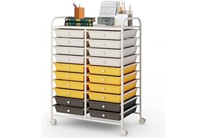 SILKYDRY 20-Drawer Rolling Storage Cart, Art Cart Organizer on Wheels, Metal Frame and Removable Drawers, Multipurpose Mobile Utility Cart for Classroom, Office, School, Home (Yellow)