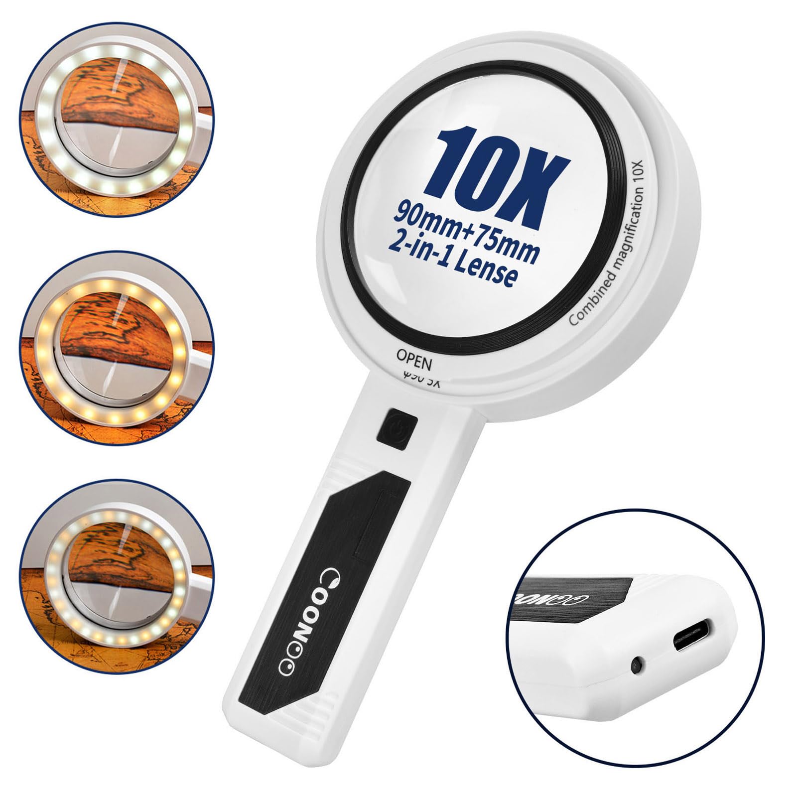 COONOO Magnifying Glass with Light for Close Work 5X 10X Handheld Lighted Magnifier for Reading Jeweler Senior 18 Led Illuminated Small Portable Hand Held Magnifying Lens for Jewelry White Charge