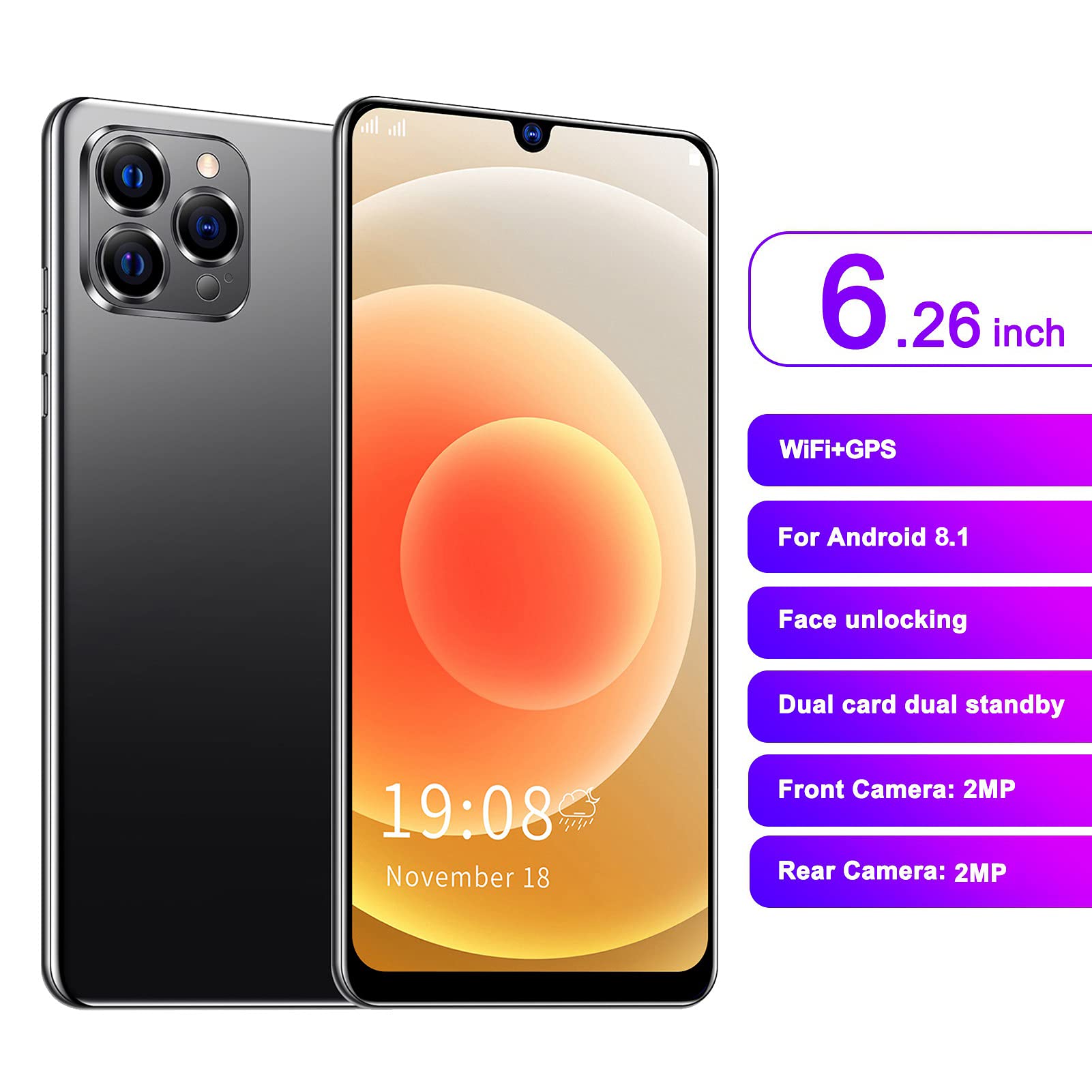 Unlocked Android Smartphone, 6.26in HD Screen Cell Phone, 2MP+2MP Camera 1GB + 8GB ROM Smartphone, Dual Card Dual Standby, Face Recognition, with +BT+FM+(Black)