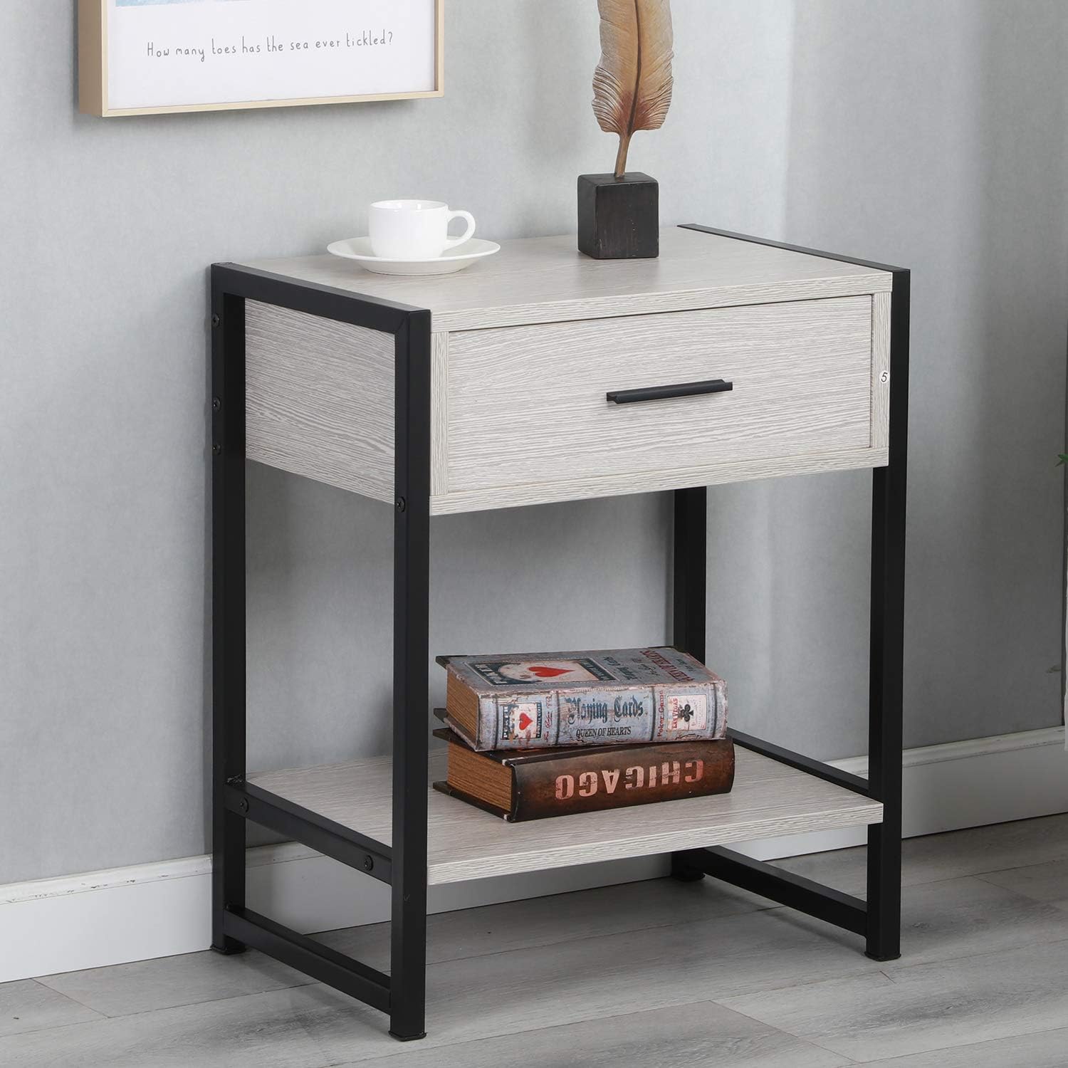 soges Bedside Table with Drawer and Shelf Storage End Side