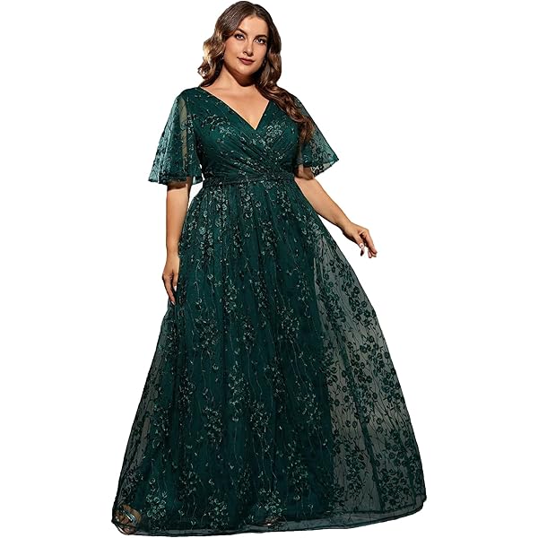 Amazon.com: MIMIFINA Women's Plus Size V Neck Ruffled Sleeve Embroidered  Lace Maxi Dress with High Slit Formal Evening Gown for Weddings Dusty  Purple : Clothing, Shoes & Jewelry
