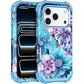 LONTECT for iPhone 17 Pro Case Shockproof 3 in 1 Heavy Duty Rugged Hybrid Sturdy High Impact Drop Protective Cover Flower Case for Apple iPhone 17 Pro 2025, Sky Blue
