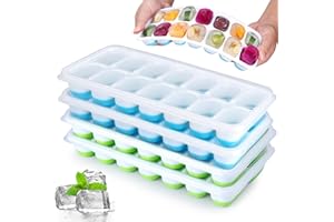 Jrisbo Silicone Ice Cube Tray, 4 Pack Easy-Release & Flexible 14-Ice Cube Trays with Spill-Resistant Removable Lid, Stackable Ice Trays with Covers for Freezer, Cocktail, Blue and Green